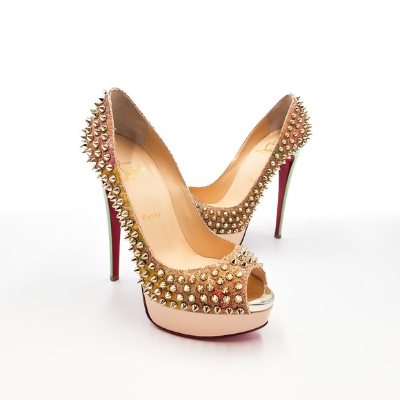Christian Louboutin Fetish Peep 150 Gold Spiked Pumps Heels EU 38 - Picture 1 of 10